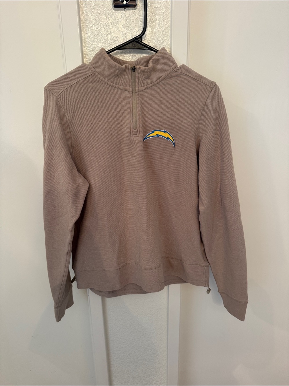 Antigua Women’s Quarter-Zip Sweater - Taupe with Chargers Logo